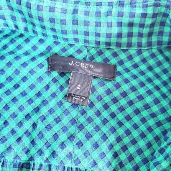 J. CREW Gathered Popover Gingham Navy Green Plaid 2 - Picture 3 of 9
